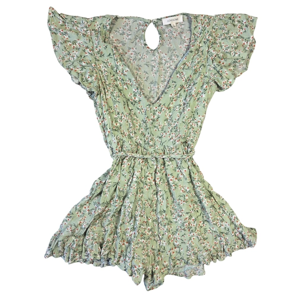 Lovesome Sage Green Floral Flutter Sleeve Ruffle Romper V-Neck Tie Waist Small